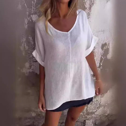 Chantal - Nachhaltiges Damen T-Shirt V-Hals Kurzarm in Weiß, Orange, Gelb, Schwarz, Lila - Oberteile Damen Fashion-1