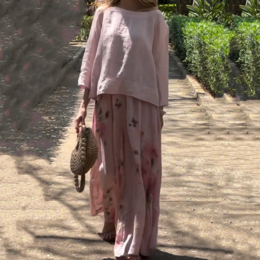 Anna's Elegantes Damen Set Aus Oberteil Und Blumenhose Mit Weitem Bein Für Den Frühling 2025-1